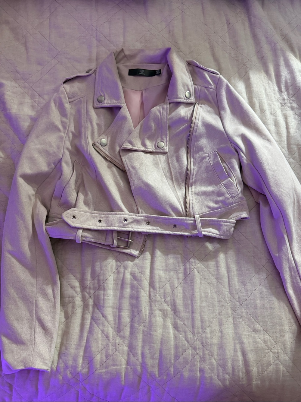 Missguided Cropped Pale Pink Moto Jacket with Belt